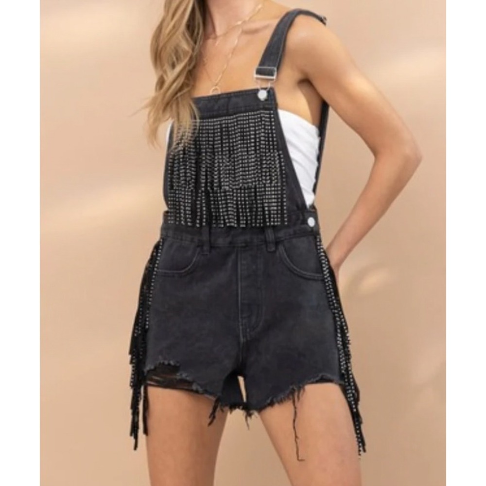 Blue B Collection Black Denim Rhinestone Fringe Short Overalls Small NWT